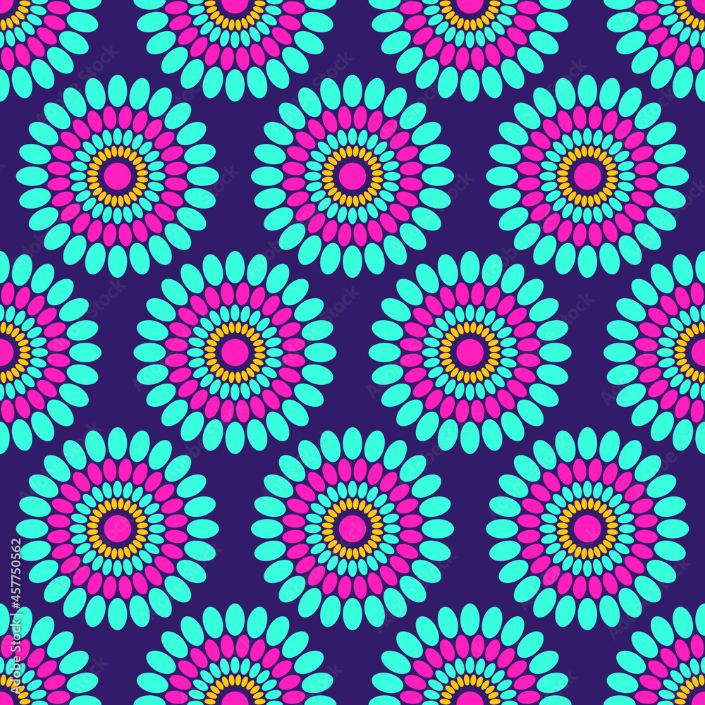 Seamless african fashion vector pattern with circles, round shapes. Bright, vibrant colors. Pink, turquoise, yellow colors. Color illustration. Seamless african fashion vector pattern with circles, round shapes. Bright, vibrant colors. Pink, turquoise, yellow colors. Color illustration.