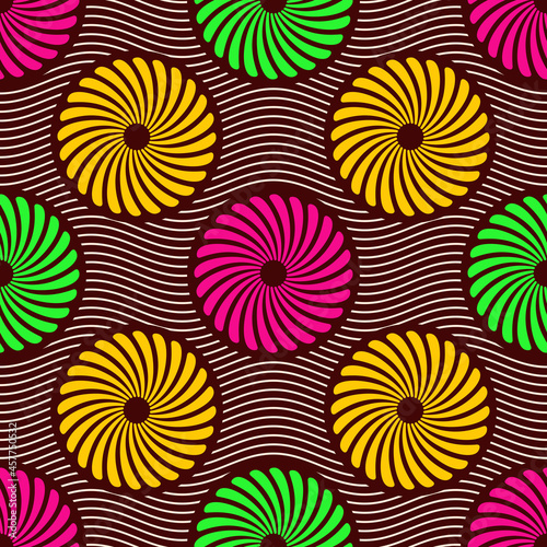 Seamless african fashion vector pattern with circles. Swirling shapes, wavy lines. Bright, vibrant colors. Color illustration.