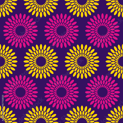 Seamless african fashion vector pattern with circles, round shapes. Bright, vibrant colors. Purple, yellow colors. Color illustration.
