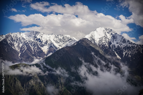 Mountain Ridge with Snow-Capped Peaks at North Ossetia. Caucasus Range