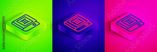 Isometric line Book icon isolated on green, blue and pink background. Third volume. Square button. Vector