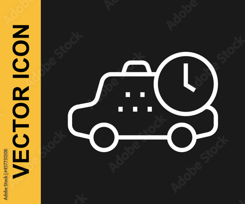 White line Taxi waiting time icon isolated on black background. Car deadline, schedule ride. Vector