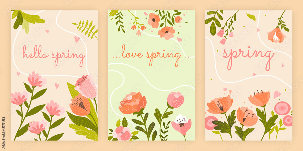 Set of spring cards. Collection of greeting cards. Romance, love, March 8. Templates for text, wallpapers for smartphones, trendy style. Flat vector illustrations isolated on beige background