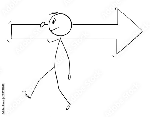 Walking Person Carrying Big Arrow , Vector Cartoon Stick Figure Illustration