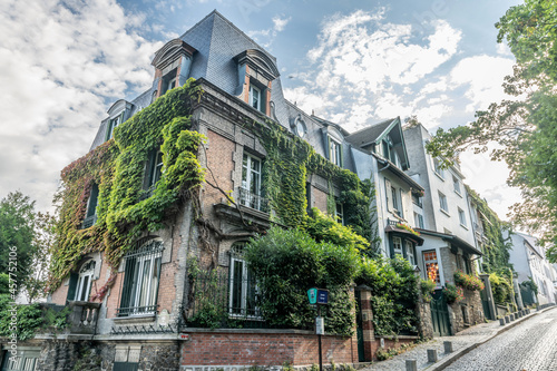 Immeuble bourgeois recouvert de végétation dans une rue pavée sur les pentes de Montmartre à Paris