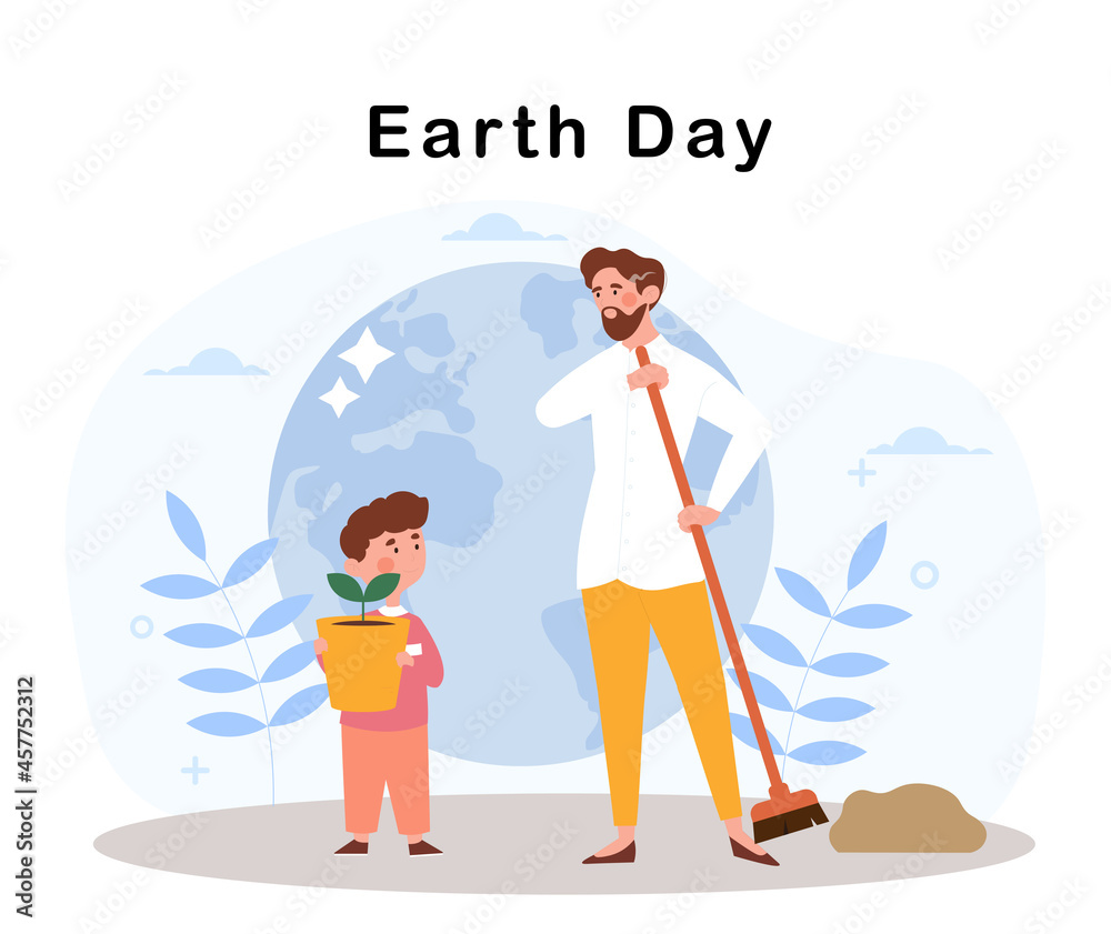 World environment and earth. Man and small child planting tree. Caring for nature, Earth day, civic responsibility, family improves ecology. Cartoon vector illustration isolated on white background