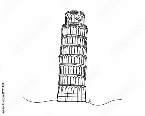 Continuous one line drawing of leaning tower of pisa icon in silhouette on a white background. Linear stylized. photo