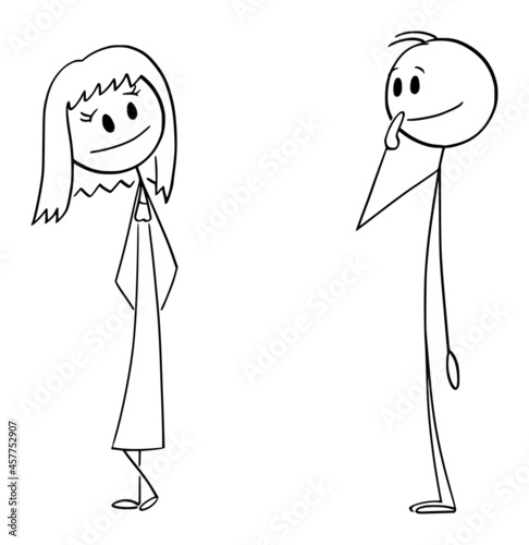 Shy Man and Woman Looking at Each Other and Feeling Love , Vector Cartoon Stick Figure Illustration