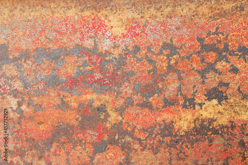 Rusty metal background with cracked paint. Orange textured surface.
