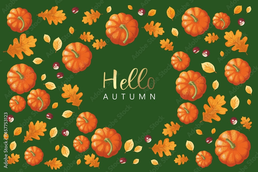 Autumn collage with pumpkins, chestnuts and autumn leaves on dark green background, hand-drawn. Autumn collage with pumpkins, chestnuts and autumn leaves on dark green background, hand-drawn.