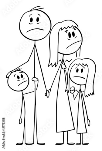 Frustrated, Stressed or Frightened Family with Children , Vector Cartoon Stick Figure Illustration