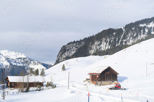 beautiful winter landscape, snow-covered trees, mountainpass, snowfall in the mountains, Swiss Alps in the snow, walks in the winter white forest, tourism, winter sports