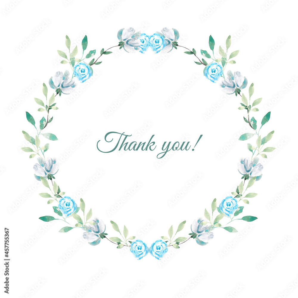 Round frame template from watercolor blue flowers and greenery. Frame for tex, design, etc. Round frame template from watercolor blue flowers and greenery. Frame for tex, design, etc.