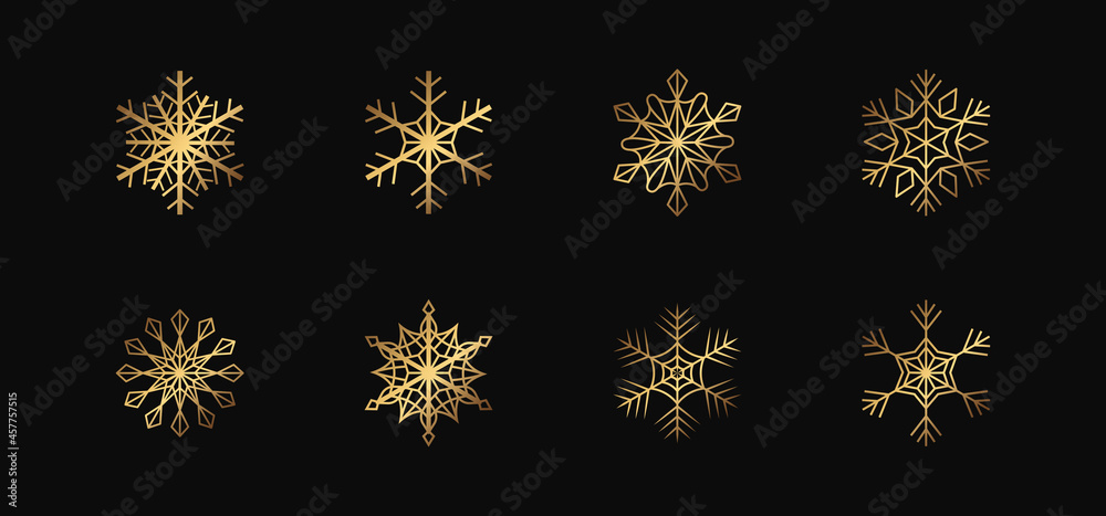 Vector golden snowflakes on the black background. Isolated outline flakes set. Gold collection for winter decor. Vector golden snowflakes on the black background. Isolated outline flakes set. Gold collection for winter decor.