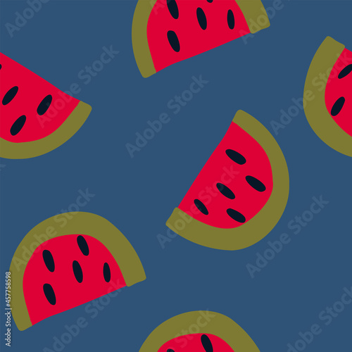 Watermelon slice seamless pattern. Hand drawn vector background in retro color palette.