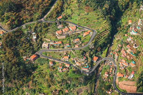 Top view of a village in a valley. Madeira village from drone