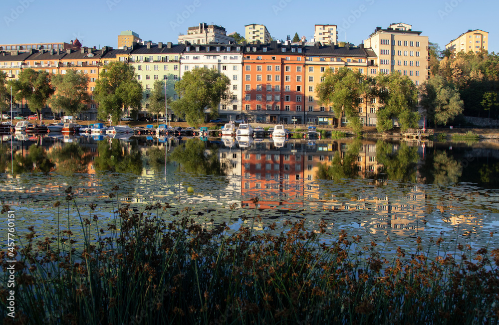
Stockholm. Multicolored high-rise buildings illuminated by the morning sun