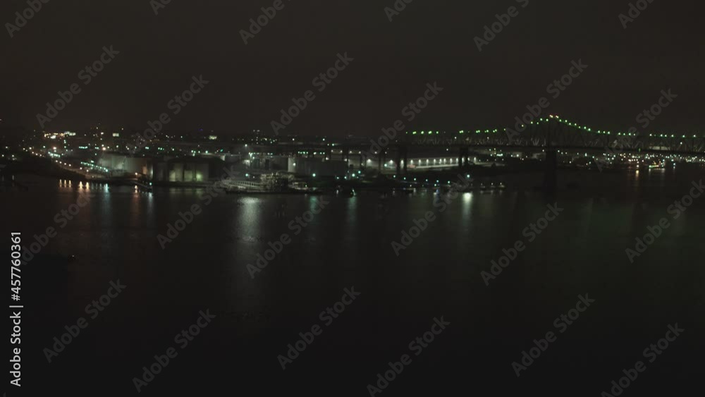 Aerial nigh flight towards bridge and plant Aerial nigh flight towards bridge and plant