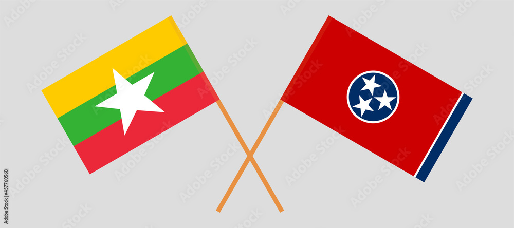 Crossed flags of Myanmar and the State of Tennessee. Official colors. Correct proportion Crossed flags of Myanmar and the State of Tennessee. Official colors. Correct proportion