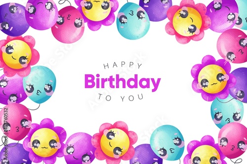 watercolour birthday background balloons with faces vector design illustration