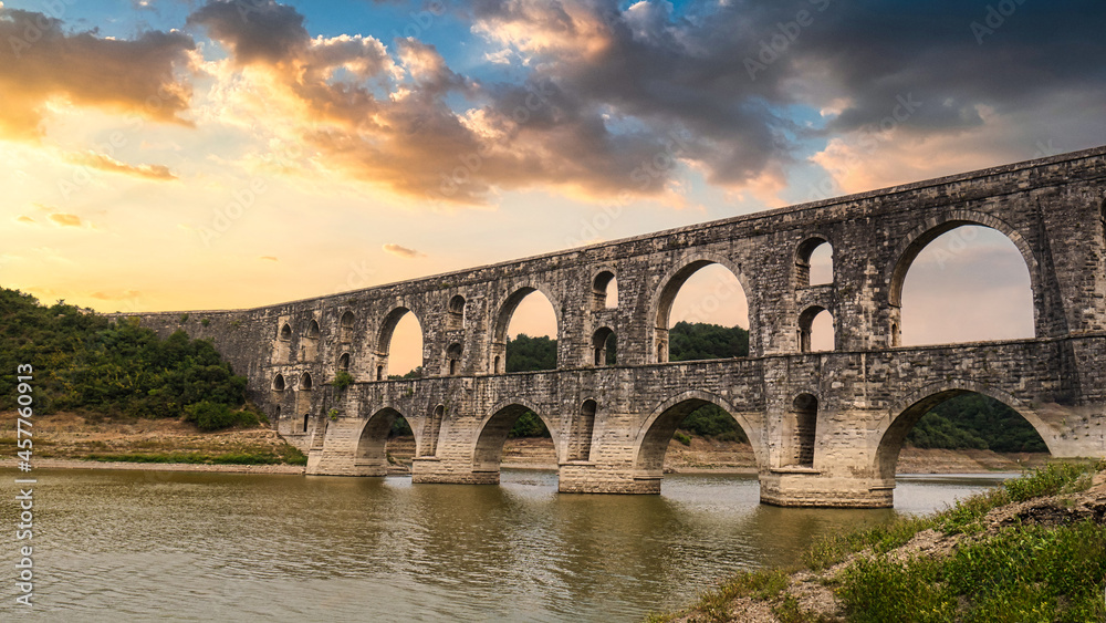 Maglova Aqueduct Istanbul Turkey, Maglova Aqueduct built by Master Ottoman Architect Mimar Sinan, Beautiful sunset aqueduct