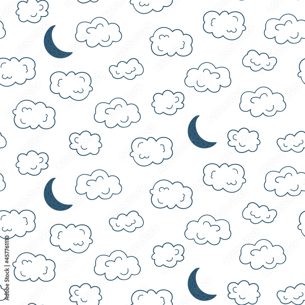 Vector seamless pattern of the night sky with moon, cloud. Children's design for nursery, poster, fabric, textile, print, wallpaper.