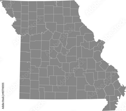 Gray vector map of the Federal State of Missouri, USA with white borders of its counties