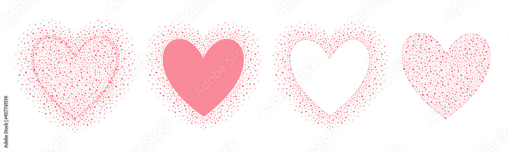 Dotted heart shapes set. Hearts made of tiny hand drawn uneven dots, blobs, spots, beads. Valentine's day decoration, dotty text background collection, frames. Wedding graphic design elements.