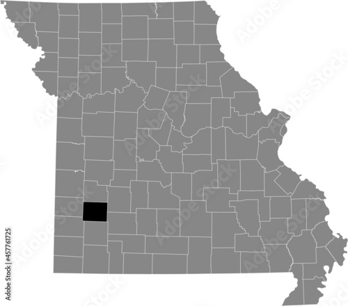 Black highlighted location map of the Dade County inside gray map of the Federal State of Missouri, USA