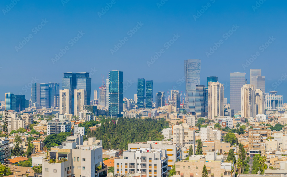 Tel Aviv Skyline And Ramat Gan Cityscape at day. Aerial View,  Tel Aviv Cityscape Panorama At Day, Israel