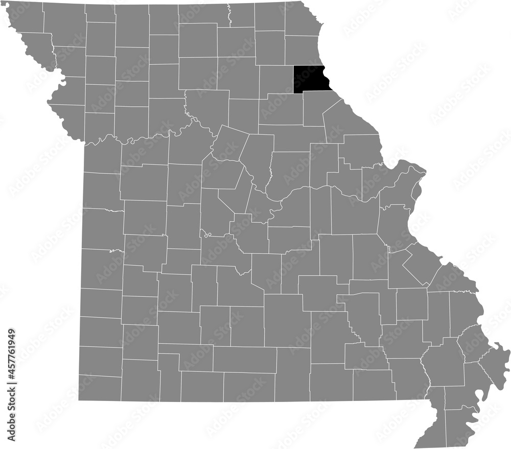 Fototapeta premium Black highlighted location map of the Marion County inside gray map of the Federal State of Missouri, USA