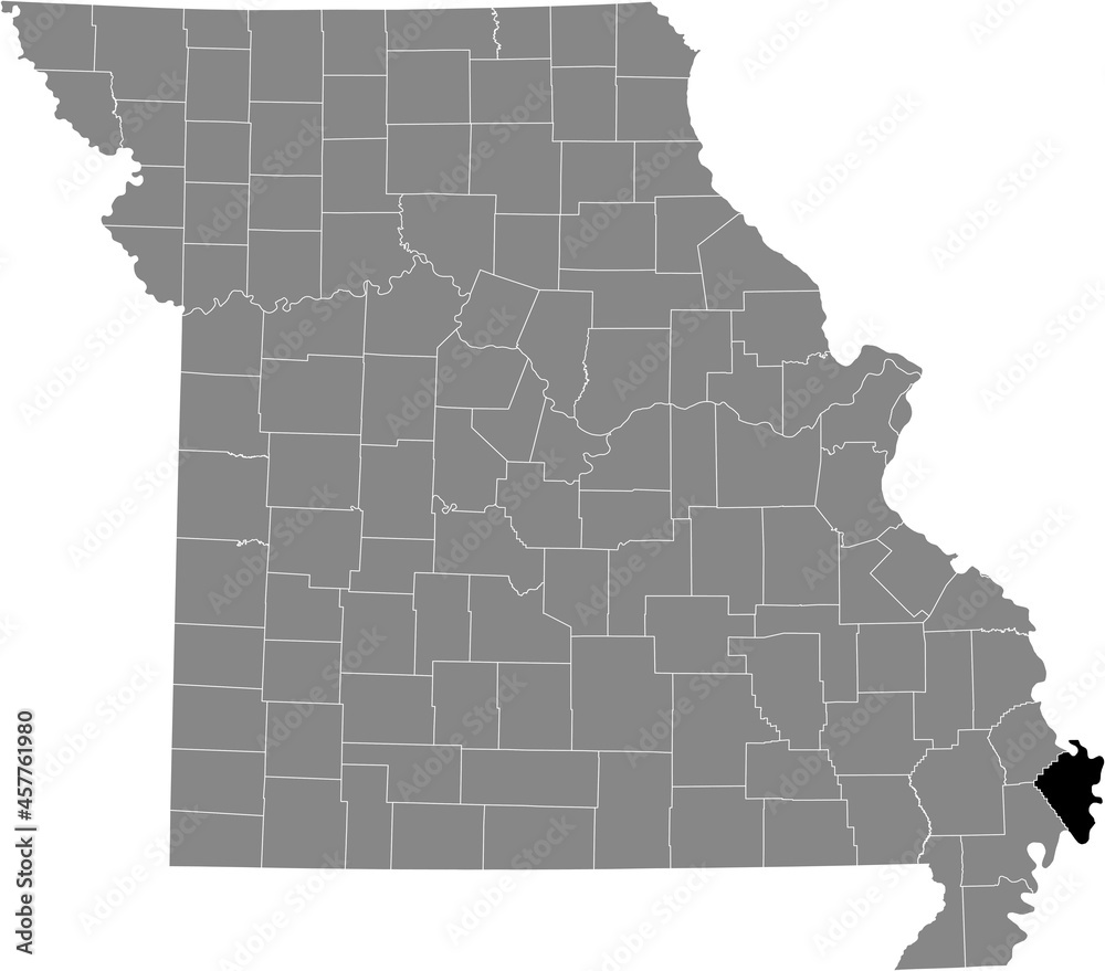 Obraz premium Black highlighted location map of the Mississippi County inside gray map of the Federal State of Missouri, USA