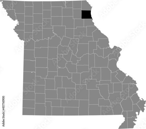 Black highlighted location map of the Lewis County inside gray map of the Federal State of Missouri, USA