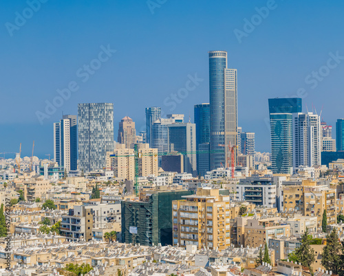 Tel Aviv Skyline And Ramat Gan Cityscape at day. Aerial View, Tel Aviv Cityscape Panorama At Day, Israel