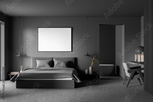Horizontal canvas in dark grey bedroom with background bathtub area