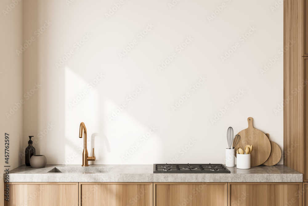 Close view on bright kitchen room interior with white wall - obrazy, fototapety, plakaty 