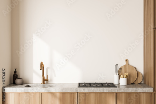 Close view on bright kitchen room interior with white wall photo