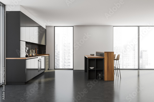 Black dark kitchen room interior with panoramic window