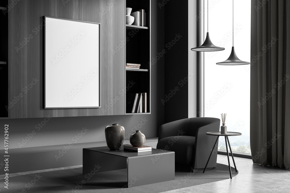 Mockup canvas in dark grey living room with panoramic landscape. Corner view. Mockup canvas in dark grey living room with panoramic landscape. Corner view.