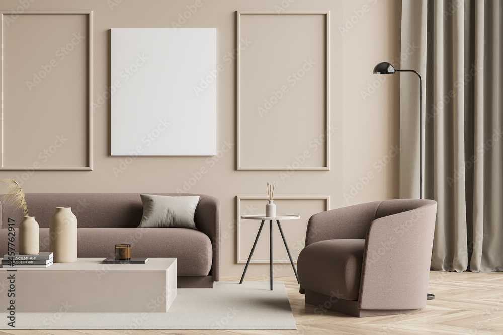 Empty canvas in a beige living room with wall moulding Empty canvas in a beige living room with wall moulding