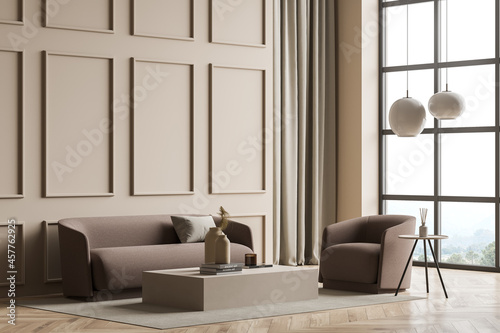 Modern panoramic beige living room with wall moulding