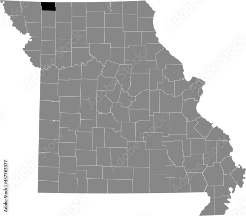 Black highlighted location map of the Worth County inside gray map of the Federal State of Missouri, USA