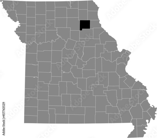 Black highlighted location map of the Shelby County inside gray map of the Federal State of Missouri, USA