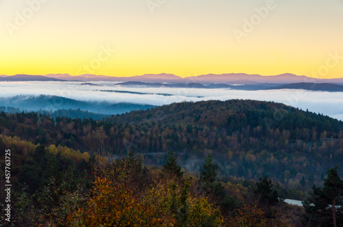 View from the Słonne Mountains to the Bieszczady Mountains at sunrise, Sanok, Wujskie, Bieszczady Mountains