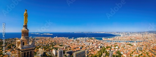 The aerial view of Basilique Notre-Dame-de-la-Garde in Marseille, a port city in southern France photo