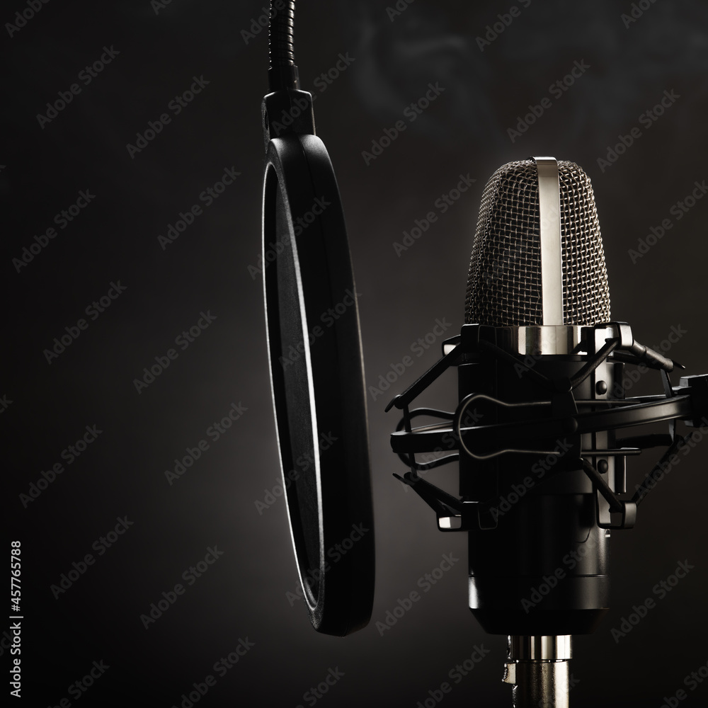 Professional studio microphone and pop filter on a dark gray background.  minimalism. There are no people in the photo. Recording studio, purity of  sound, music, singing, concert, radio, television. Stock Photo