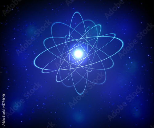 Shining atom model. Neon orbit with galaxy blue background. photo