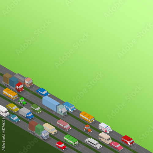Traffic Jam with green wall. Isometric Cars and Houses for Illustration Of Busy Road.