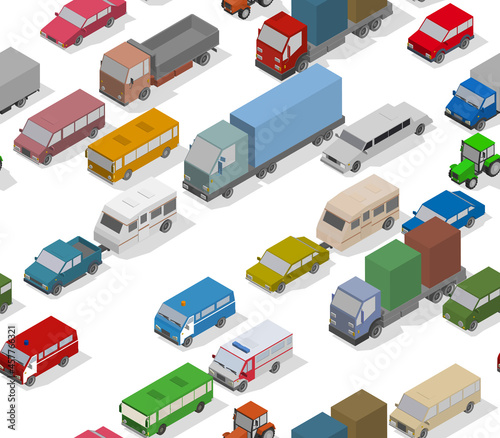 Traffic Jam. Isometric Cars for Illustration Seamless Pattern.