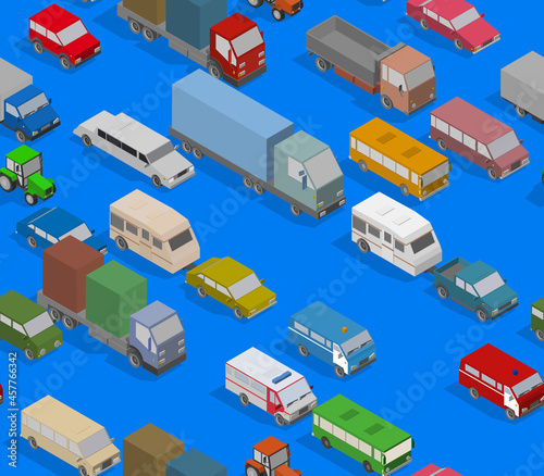 Traffic Jam. Isometric Cars for Illustration Seamless Pattern.